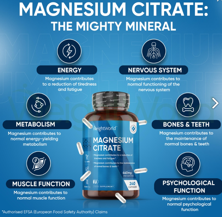 Magnesium Citrate Capsules 1480 mg 240 Capsules | For Bones, Energy & Muscles