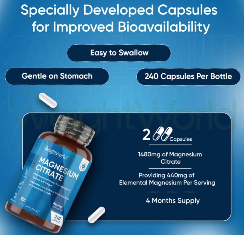 Magnesium Citrate Capsules 1480 mg 240 Capsules | For Bones, Energy & Muscles