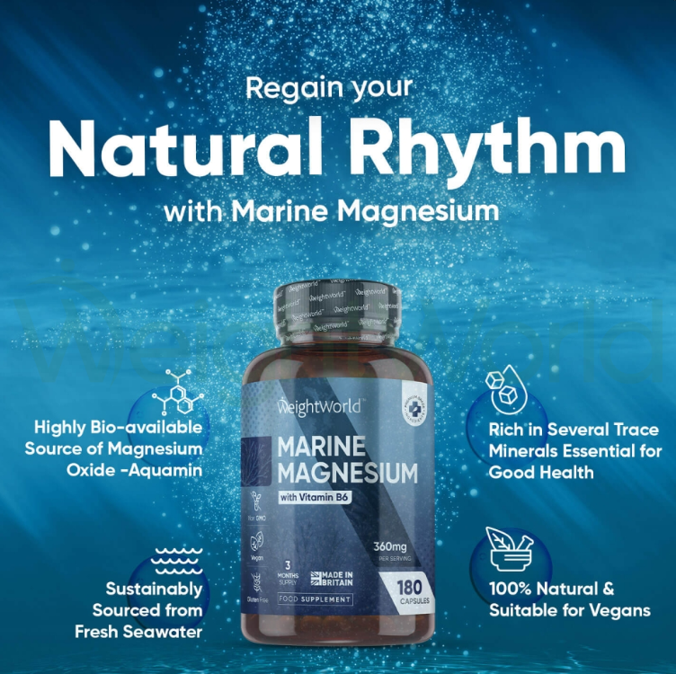 Marine Magnesium + Vitamin B6 Capsules 360mg 180 Capsules | For Energy, Strength & Relaxation