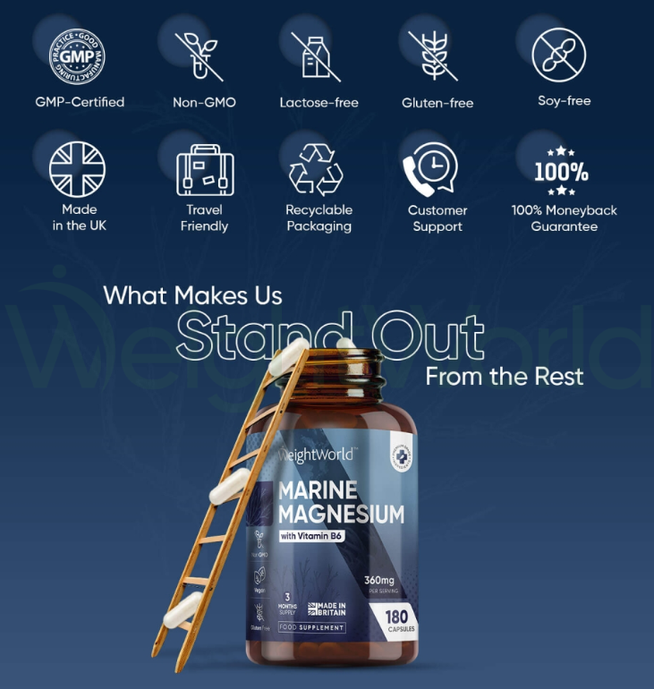 Marine Magnesium + Vitamin B6 Capsules 360mg 180 Capsules | For Energy, Strength & Relaxation