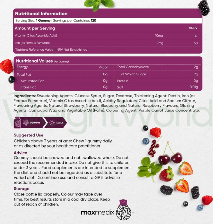 Iron & Vitamin C Gummies for Kids 120 Gummies | For Optimal Overall Well-being