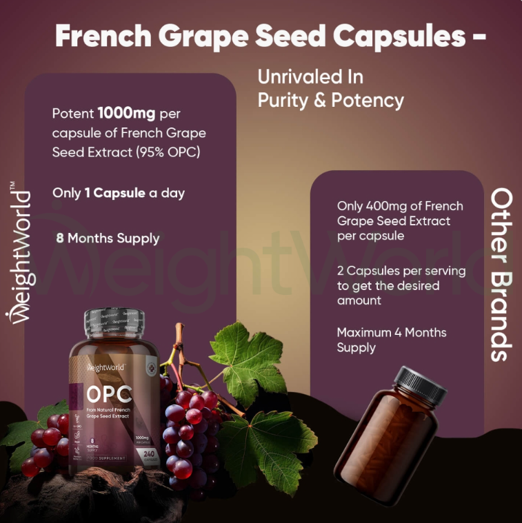 OPC (French Grape Seed Extract) Capsules 1000 mg 240 Capsules | Supplement For Brain, Heart & Bones