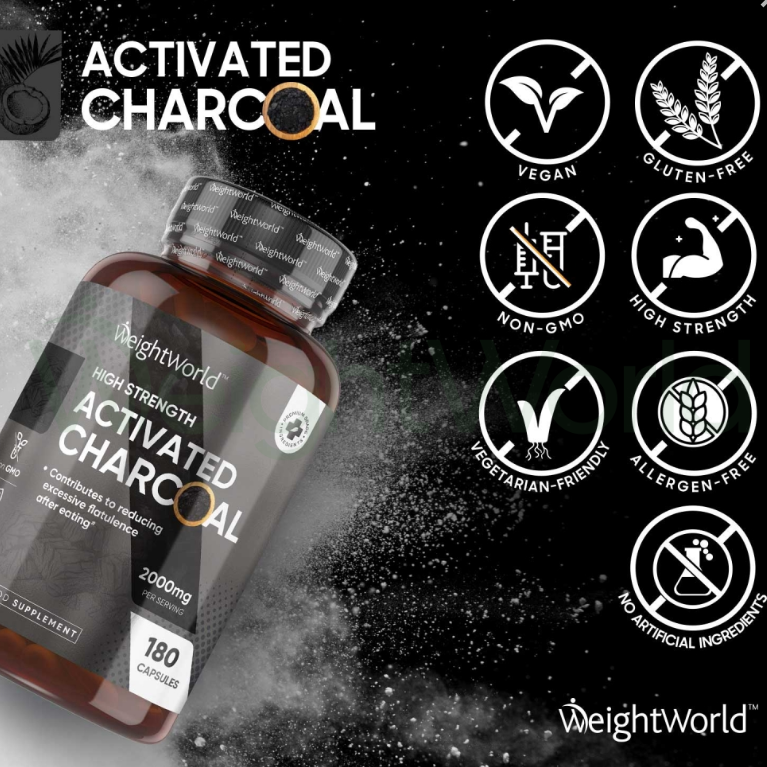 Activated Charcoal Capsules 2000 mg 180 Capsules | For Gas, Bloating and Detoxing