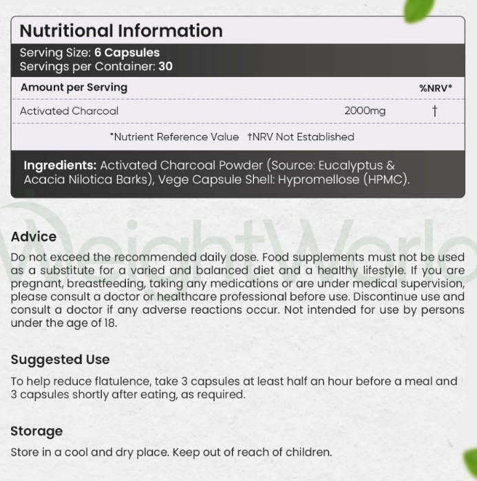 Activated Charcoal Capsules 2000 mg 180 Capsules | For Gas, Bloating and Detoxing