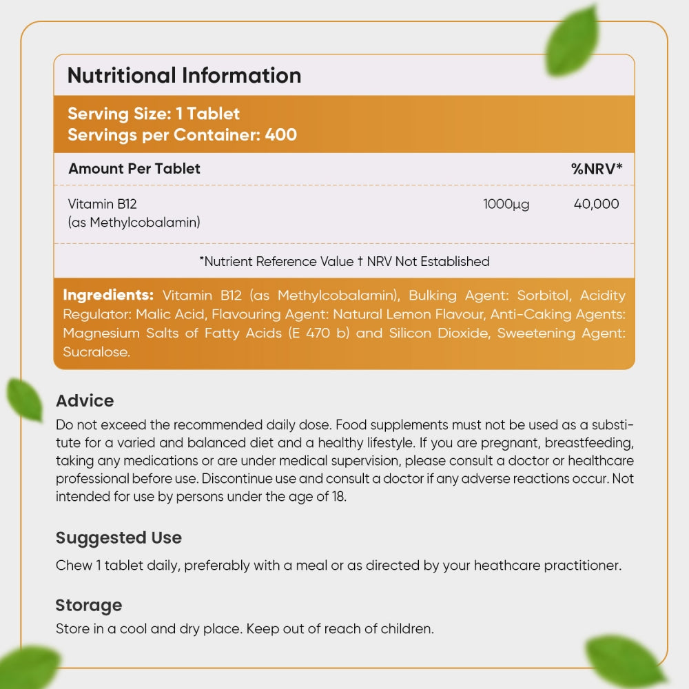 B12 Chewable Tablets 1000 µg 400 Chewable Tablets | For Natural Energy Levels