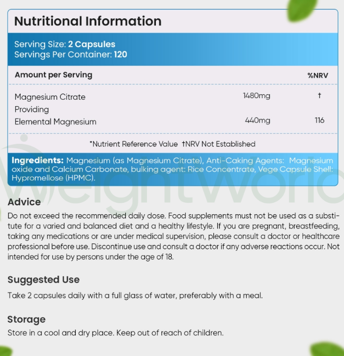 Magnesium Citrate Capsules 1480 mg 240 Capsules | For Bones, Energy & Muscles
