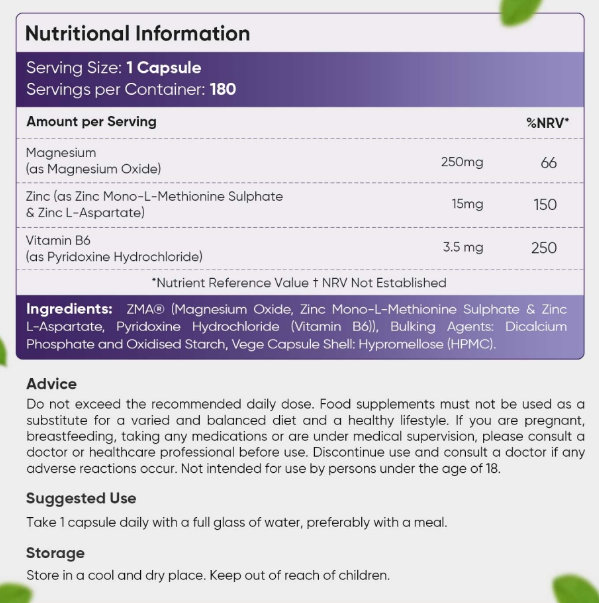 ZMA Capsules 180 Capsules | For Energy, Muscle Recovery & Sleep