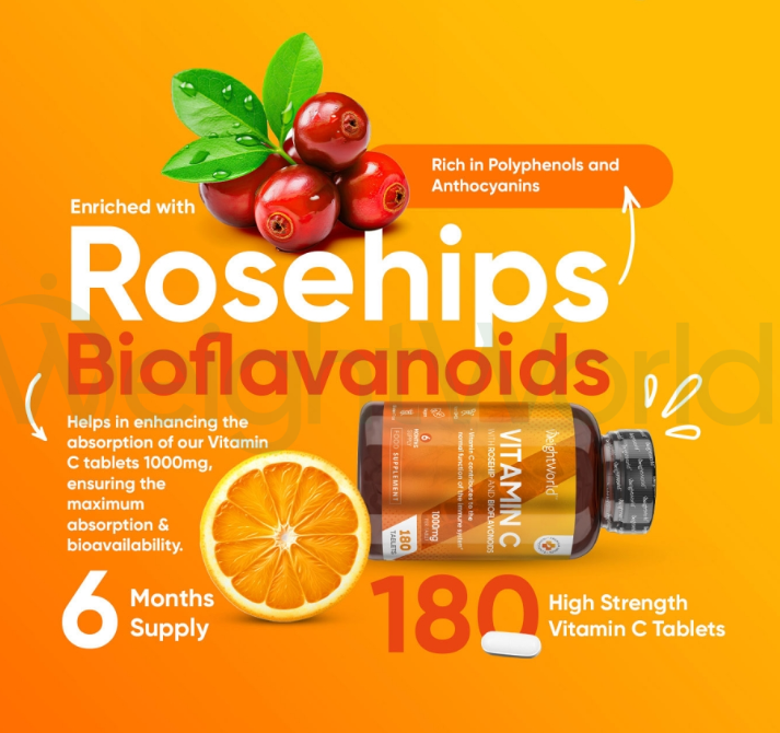 Vitamin C with Rosehip And Bioflavonoids 1000 mg 180 Tablets| For Natural Defences