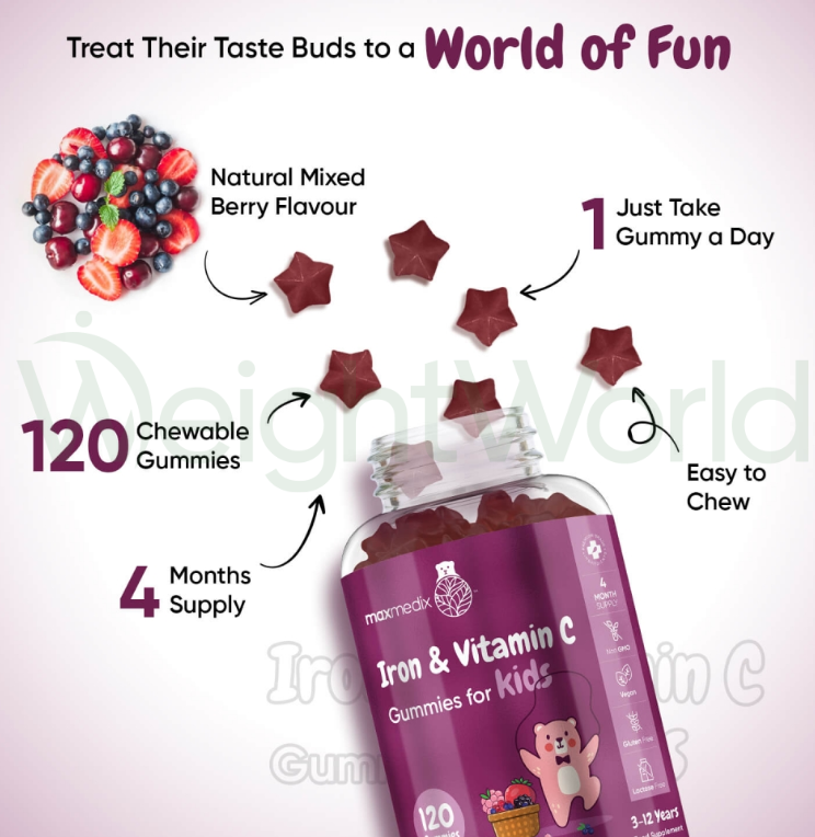 Iron & Vitamin C Gummies for Kids 120 Gummies | For Optimal Overall Well-being