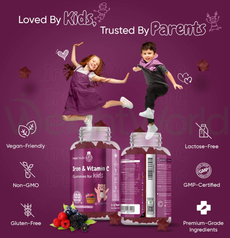 Iron & Vitamin C Gummies for Kids 120 Gummies | For Optimal Overall Well-being