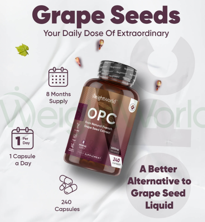 OPC (French Grape Seed Extract) Capsules 1000 mg 240 Capsules | Supplement For Brain, Heart & Bones