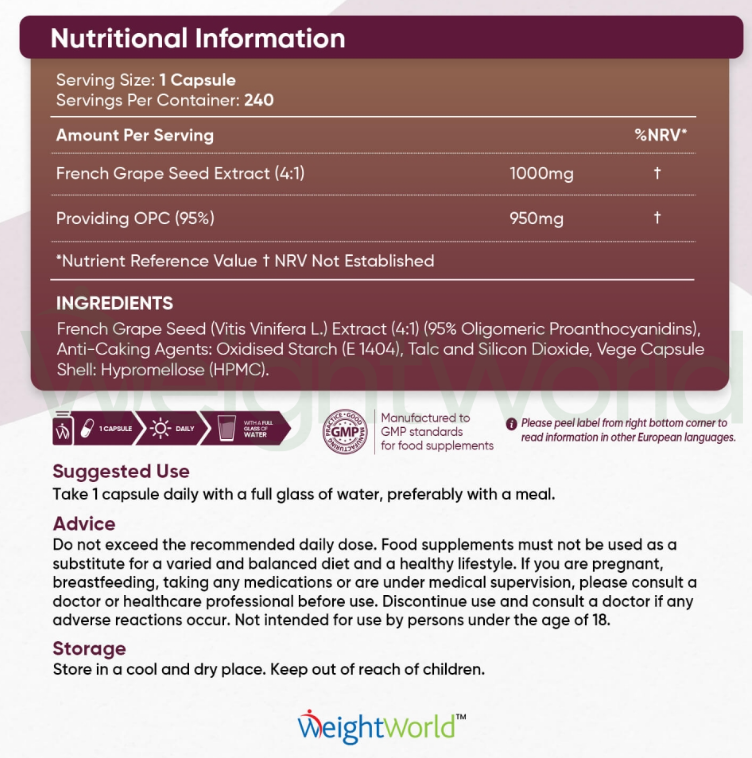 OPC (French Grape Seed Extract) Capsules 1000 mg 240 Capsules | Supplement For Brain, Heart & Bones